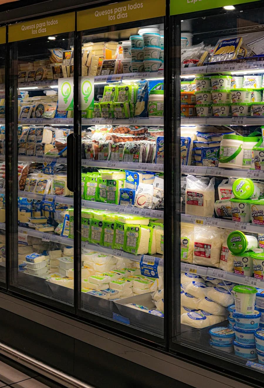 Dairy products in a refrigerated supermarket display